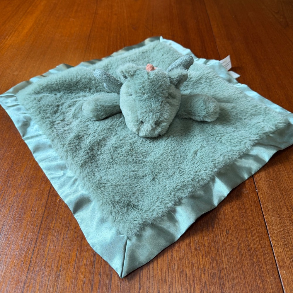 Cloud Island Sage Green Dragon Faux Fur Satin Trim Security Blanket Lovey Toy